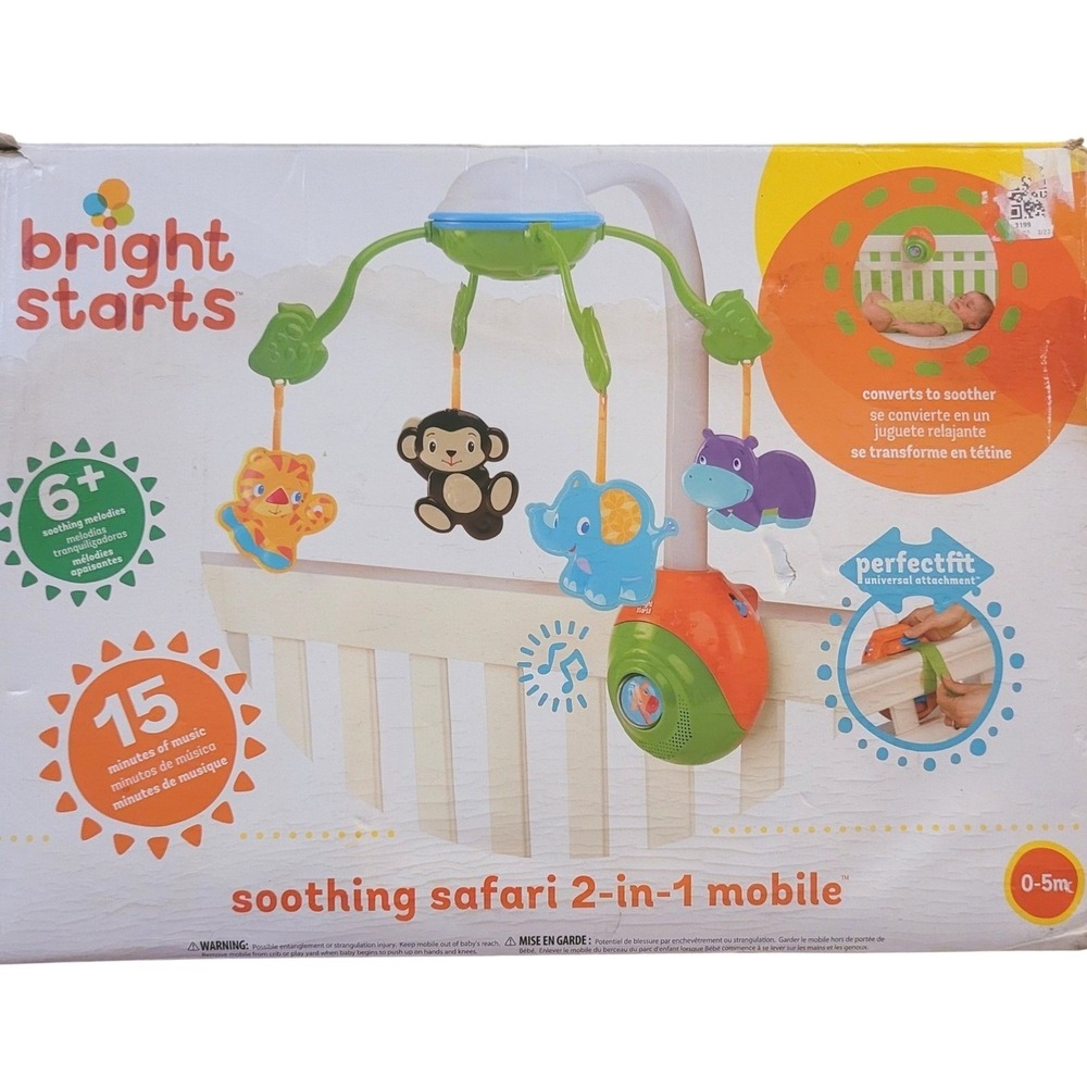 Bright Starts Soothing Safari 2-in-1 Baby Crib Mobile Soother Musical Toy NIB